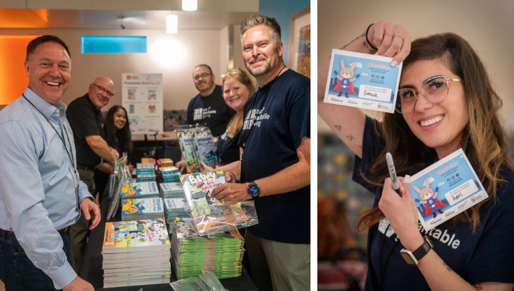 Two side-by-side photos. On the left a group volunteer smiles at the camera while working on an assembly line. On the right, a single volunteer holds up a notecard.