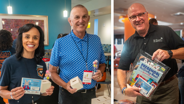 Two side-by-side photos. In each photo volunteers hold pieces of the education kit while smiling at the camera. 